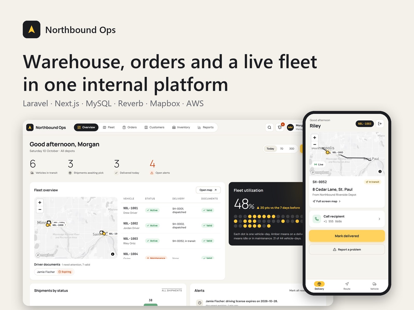 Northbound Ops manager dashboard and driver app, showing a live fleet map